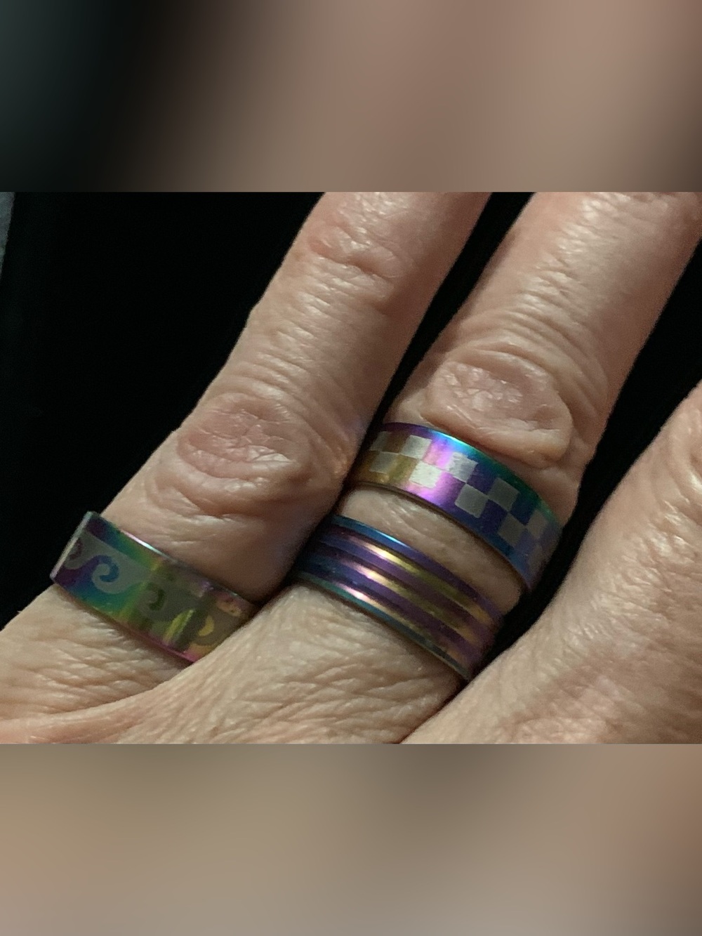 Set of 3 Iridescent Rainbow Stackable Band Rings- Waves, Checkers and Stripes